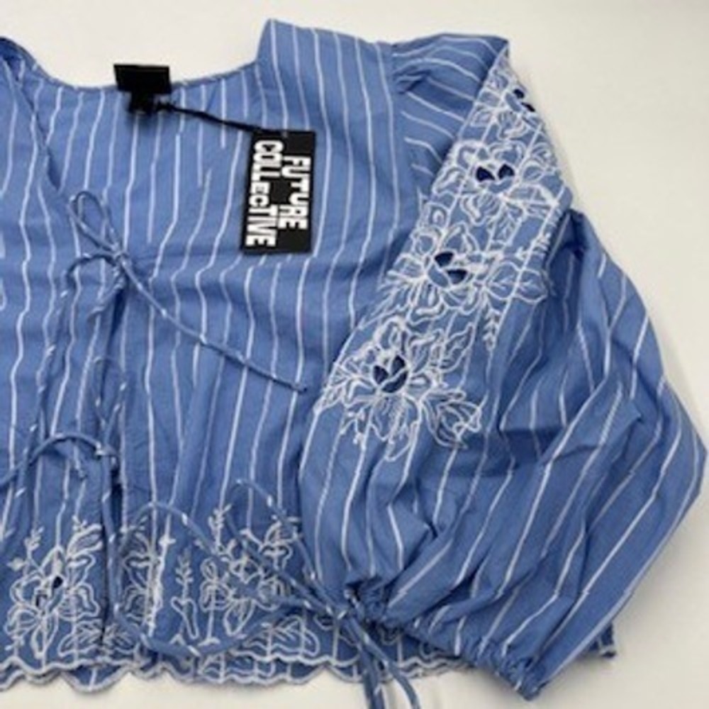 Future Collective Blue White Striped Embroidered Eyelet Tie Front Blouse Large - Picture 3 of 9